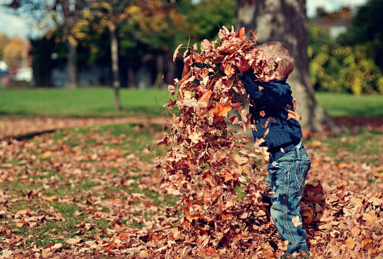 Kind spielt draußen mit Herbstlaub